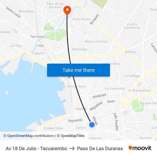 Av 18 De Julio - Tacuarembo to Paso De Las Duranas map