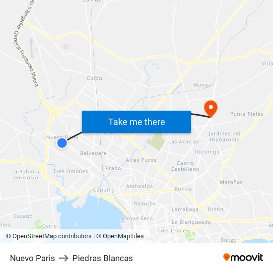 Nuevo Paris to Piedras Blancas map