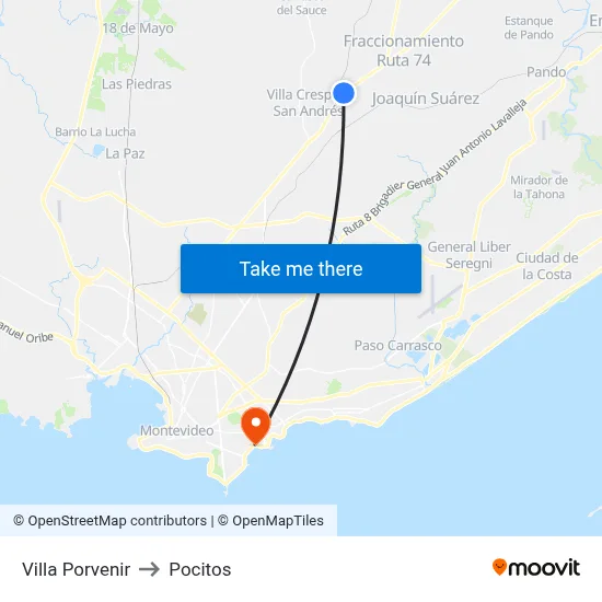 Villa Porvenir to Pocitos map