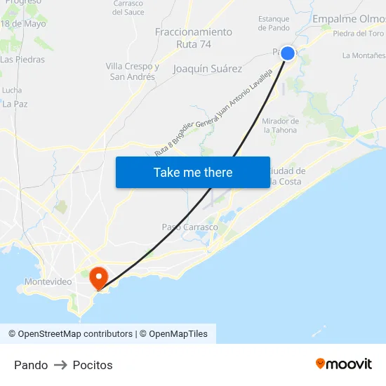 Pando to Pocitos map