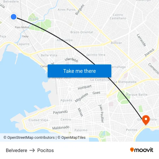 Belvedere to Pocitos map
