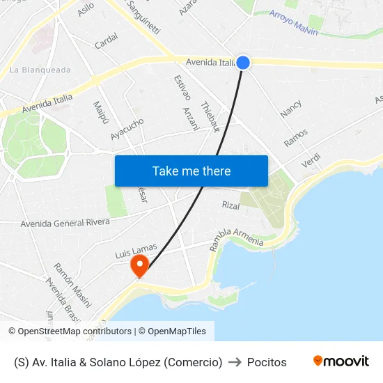 (S) Av. Italia & Solano López (Comercio) to Pocitos map