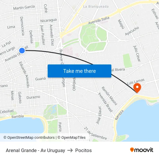 Arenal Grande - Av Uruguay to Pocitos map