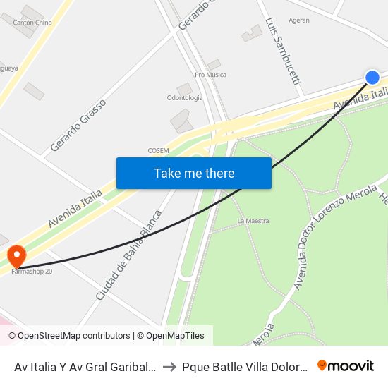 Av Italia Y Av Gral Garibaldi to Pque Batlle Villa Dolores map