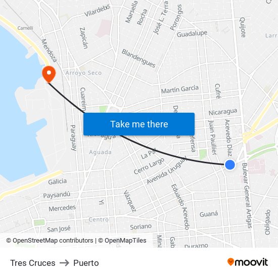 Tres Cruces to Puerto map