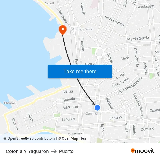 Colonia Y Yaguaron to Puerto map