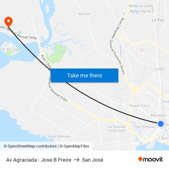 Av Agraciada - Jose B Freire to San José map