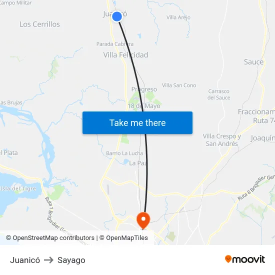 Juanicó to Sayago map
