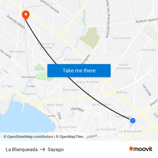 La Blanqueada to Sayago map