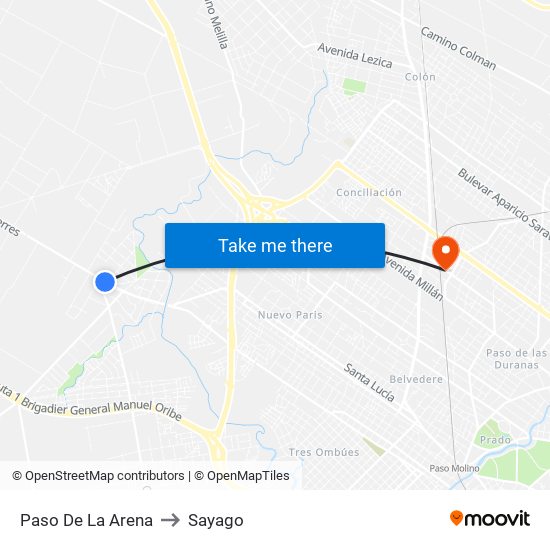 Paso De La Arena to Sayago map