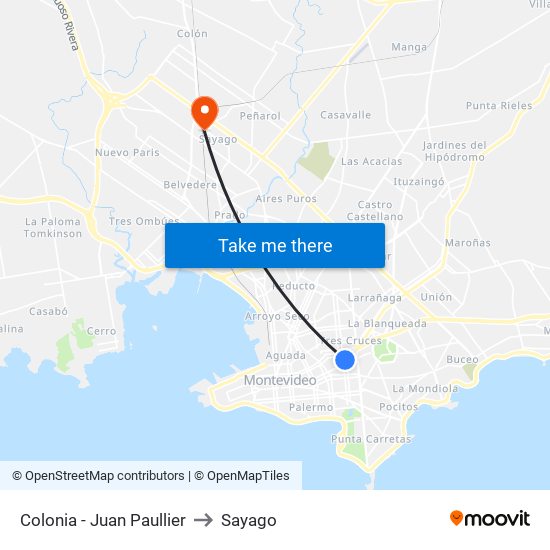 Colonia - Juan Paullier to Sayago map