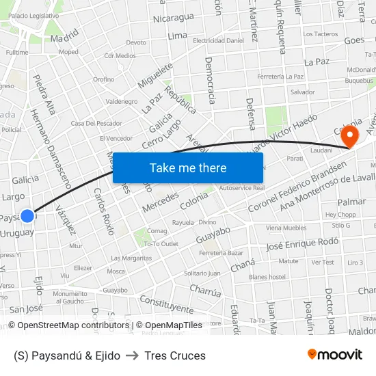 (S) Paysandú & Ejido to Tres Cruces map