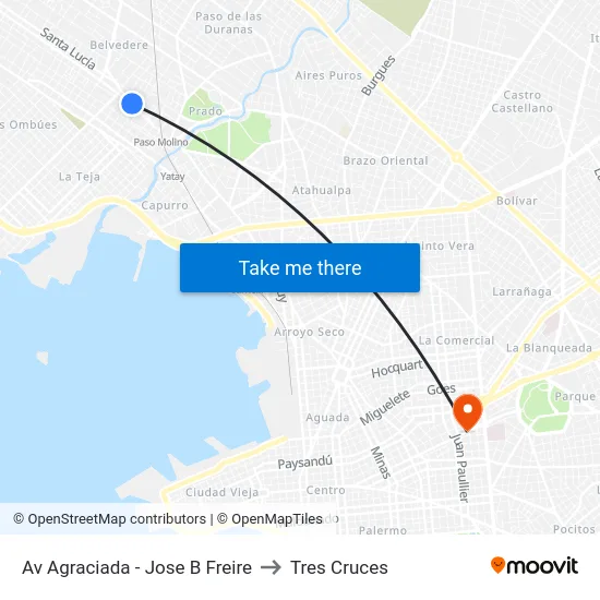 Av Agraciada - Jose B Freire to Tres Cruces map
