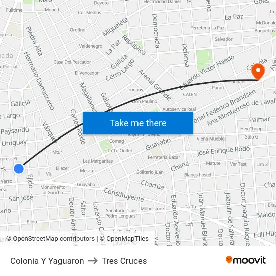 Colonia Y Yaguaron to Tres Cruces map