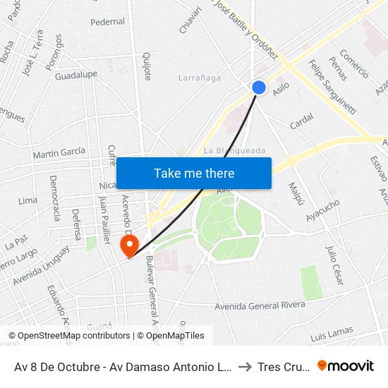 Av 8 De Octubre - Av Damaso Antonio Larrañaga to Tres Cruces map