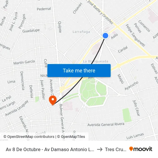 Av 8 De Octubre - Av Damaso Antonio Larrañaga to Tres Cruces map