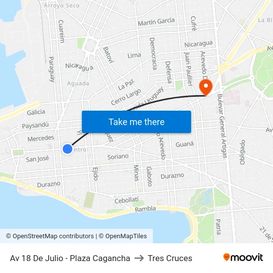 Av 18 De Julio - Plaza Cagancha to Tres Cruces map