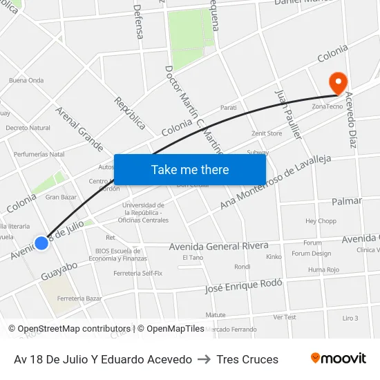 Av 18 De Julio Y Eduardo Acevedo to Tres Cruces map