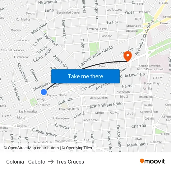 Colonia - Gaboto to Tres Cruces map