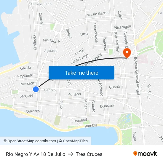 Rio Negro Y Av 18 De Julio to Tres Cruces map