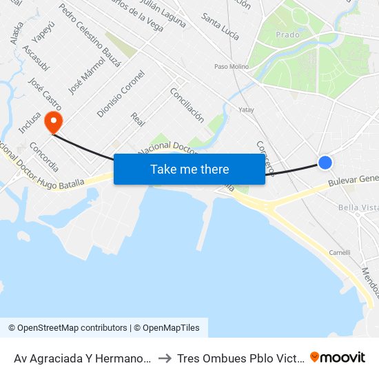 Av Agraciada Y Hermanos Gil to Tres Ombues Pblo Victoria map