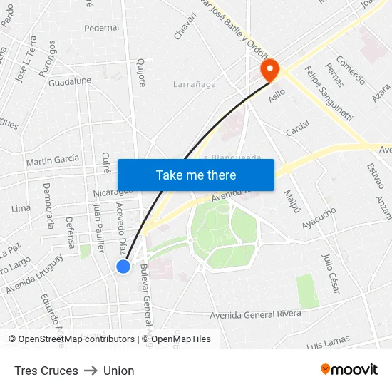 Tres Cruces to Union map
