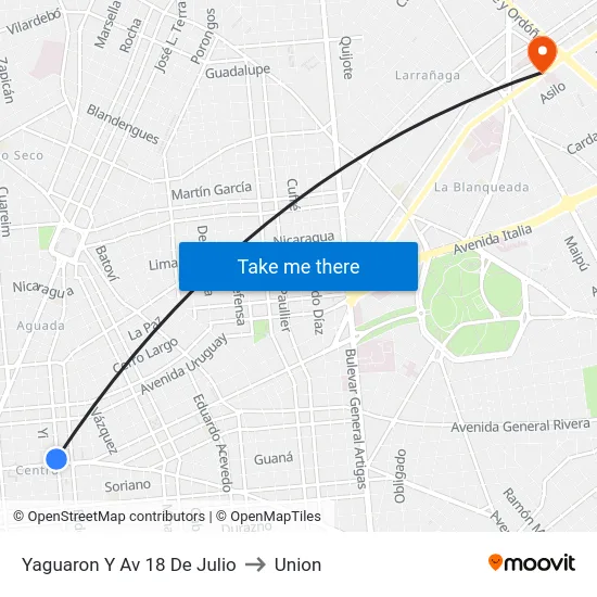 Yaguaron Y Av 18 De Julio to Union map
