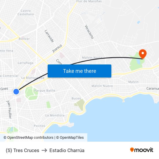 (S) Tres Cruces to Estadio Charrúa map