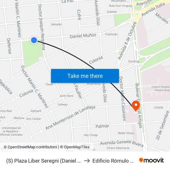 (S) Plaza Liber Seregni (Daniel Muñoz) to Edificio Rómulo Ardao map