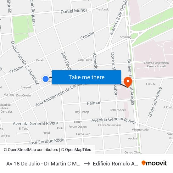Av 18 De Julio - Dr Martin C Martinez to Edificio Rómulo Ardao map