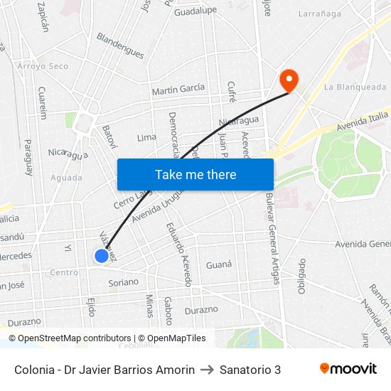 Colonia - Dr Javier Barrios Amorin to Sanatorio 3 map