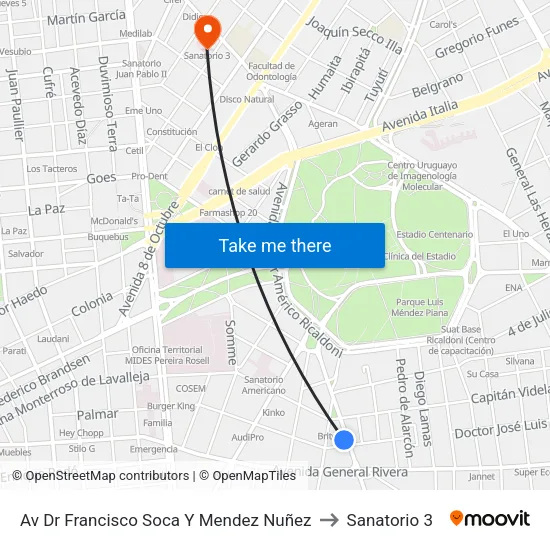 Av Dr Francisco Soca Y Mendez Nuñez to Sanatorio 3 map