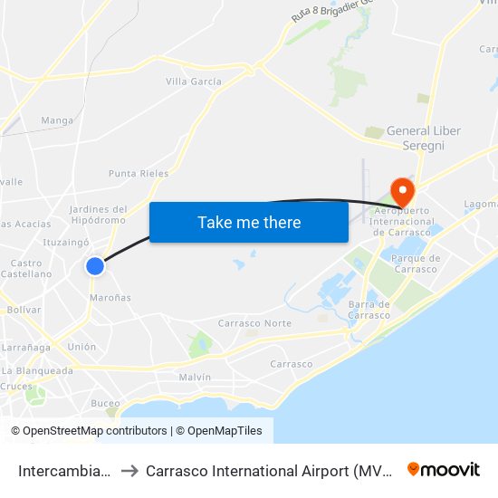 Intercambiador Belloni Andén 4 to Carrasco International Airport (MVD) (Aeropuerto Internacional de Carrasco (MVD)) map