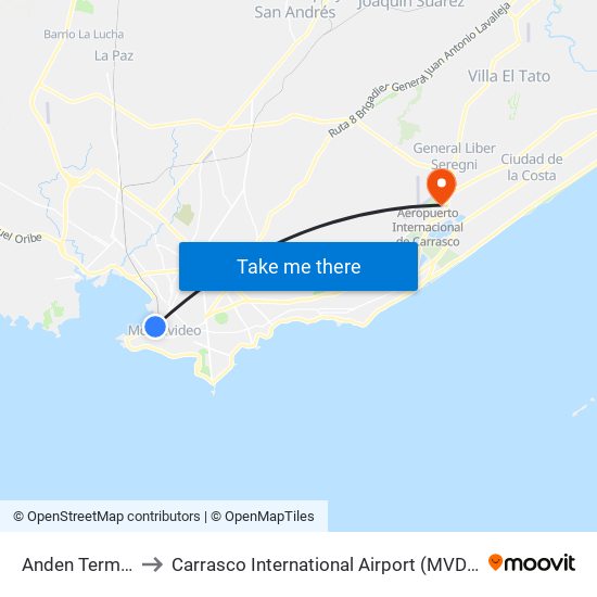 Terminal Baltasar Brum (Río Branco) to Carrasco International Airport (MVD) (Aeropuerto Internacional de Carrasco (MVD)) map