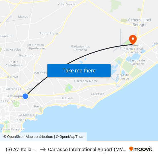 (S) Av. Italia & Dr. Francisco Simón to Carrasco International Airport (MVD) (Aeropuerto Internacional de Carrasco (MVD)) map