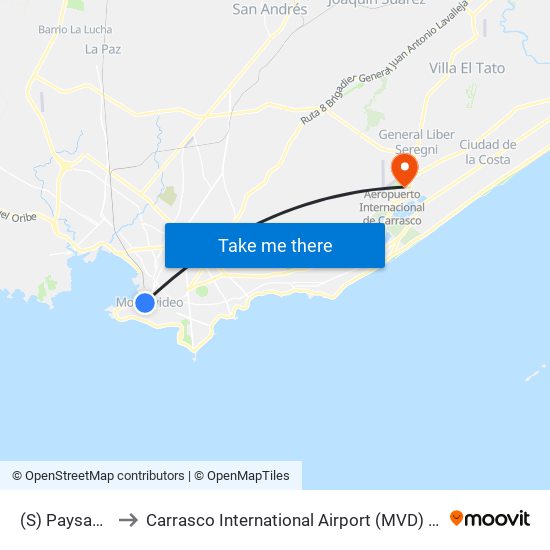 (S) Paysandú & Río Negro to Carrasco International Airport (MVD) (Aeropuerto Internacional de Carrasco (MVD)) map
