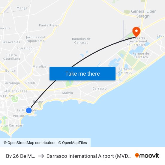 Bv 26 De Marzo Y Julio Cesar to Carrasco International Airport (MVD) (Aeropuerto Internacional de Carrasco (MVD)) map