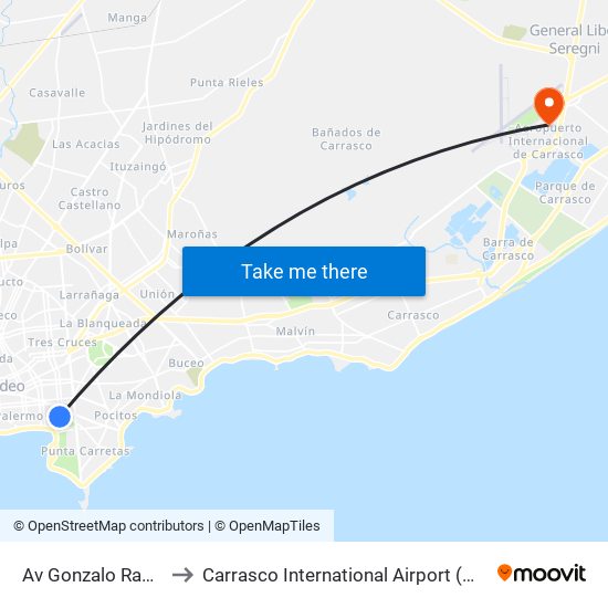 Av Gonzalo Ramirez - Dr Joaquin Requena to Carrasco International Airport (MVD) (Aeropuerto Internacional de Carrasco (MVD)) map