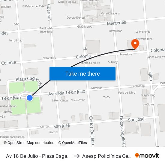 Av 18 De Julio - Plaza Cagancha to Asesp Policlínica Centro map