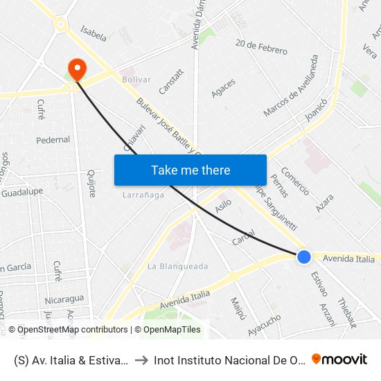 (S) Av. Italia & Estivao (Batlle Y Ordóñez) to Inot Instituto Nacional De Ortopedia Y Traumatología map