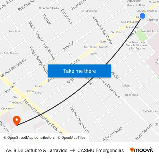 Av. 8 De Octubre & Larravide to CASMU Emergencias map