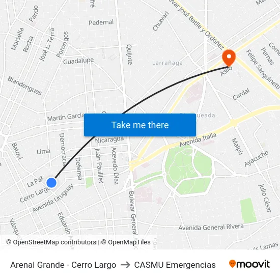 Arenal Grande - Cerro Largo to CASMU Emergencias map