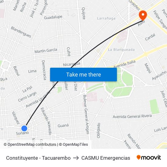 Constituyente - Tacuarembo to CASMU Emergencias map