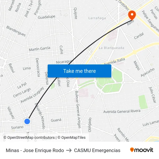 Minas - Jose Enrique Rodo to CASMU Emergencias map