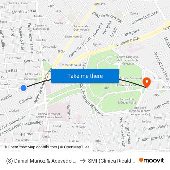 (S) Daniel Muñoz & Acevedo Díaz to SMI (Clínica Ricaldoni) map
