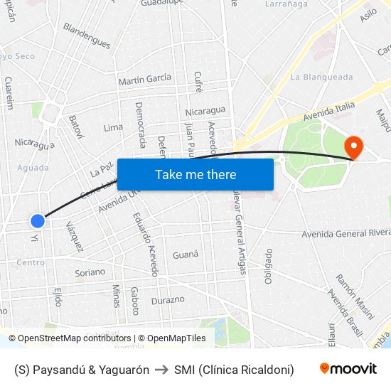 (S) Paysandú & Yaguarón to SMI (Clínica Ricaldoni) map