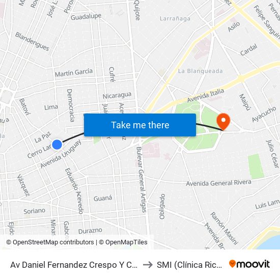 Av Daniel Fernandez Crespo Y Cerro Largo to SMI (Clínica Ricaldoni) map