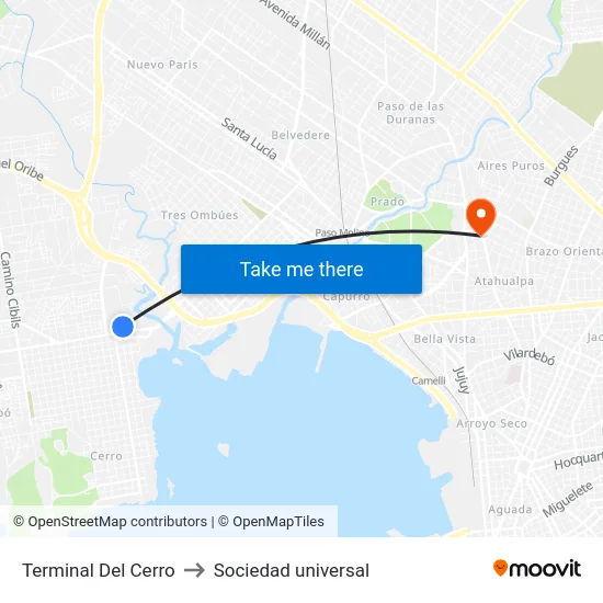 Terminal Del Cerro to Sociedad universal map