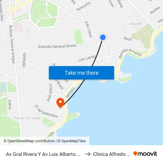 Av Gral Rivera Y Av Luis Alberto De Herrera to Clinica Alfredo Rienzi map