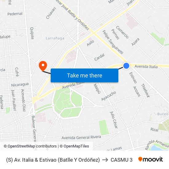 (S) Av. Italia & Estivao (Batlle Y Ordóñez) to CASMU 3 map